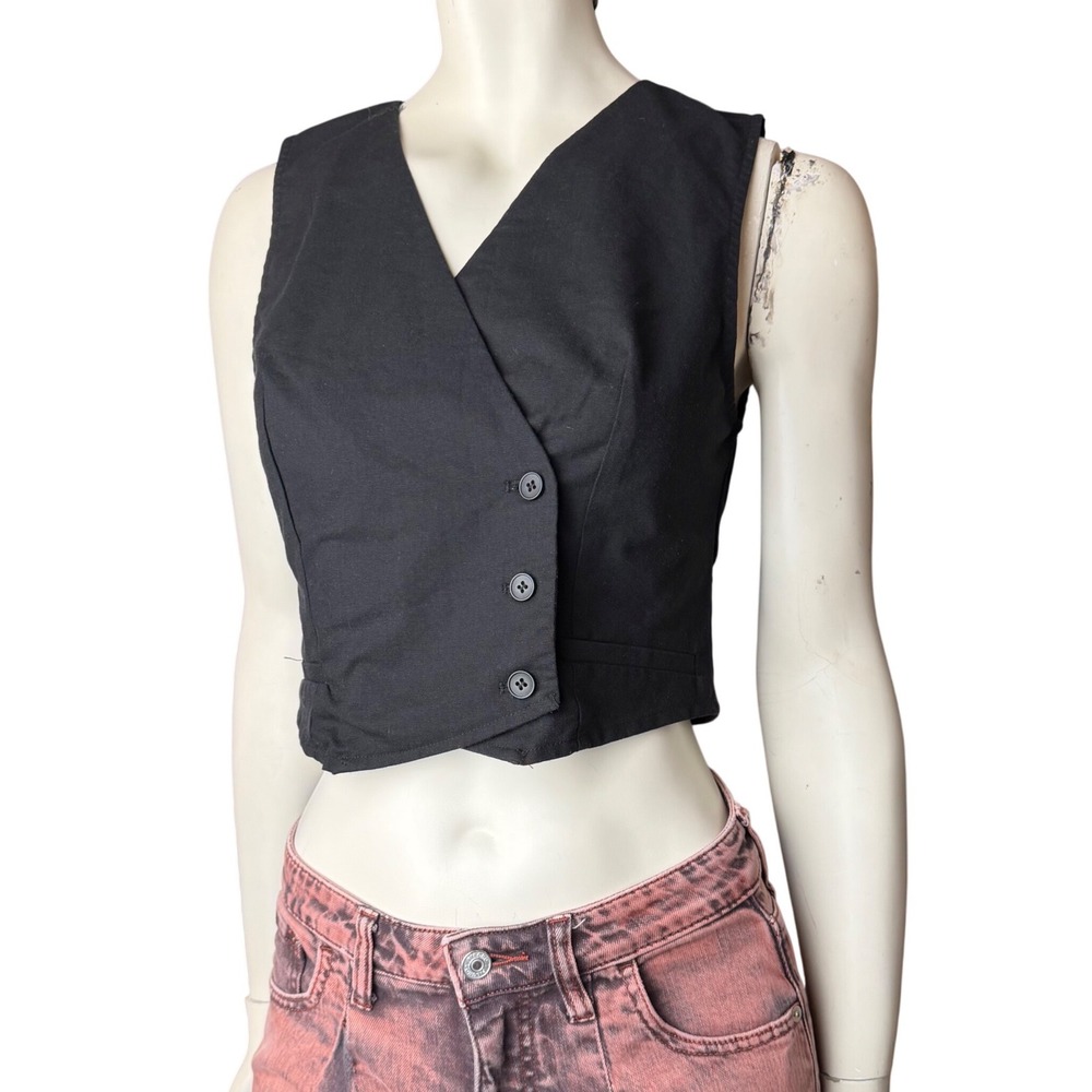 Commense Asymmetrical Cropped Vest Black Cotton Linen Corporate Chic Academia M